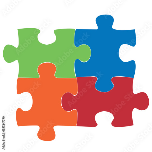 Puzzle template without a background of 4 colored parts. Blue, orange, red and green. Puzzle elements. Mockup for printing a composite jigsaw puzzle vector drawing.