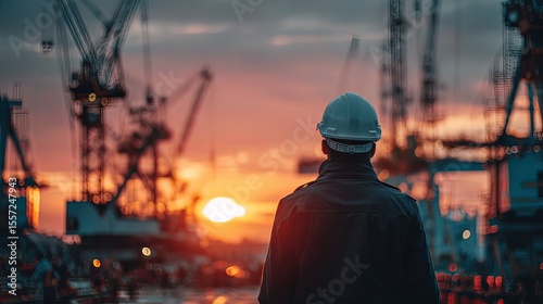 Wallpaper Mural construction engineer wearing helmet standing at sunset in industrial site  Torontodigital.ca