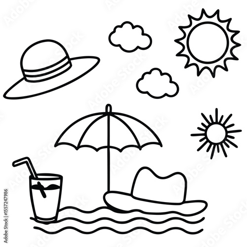 Whimsical summer vacation icons featuring hats umbrella drink sun and clouds for a relaxing beach getaway