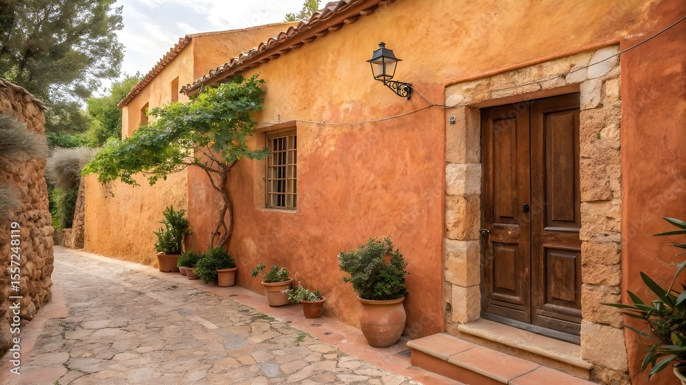 Fototapeta premium Rustic Terracotta Plaster Wall – Mediterranean Matte Texture with Warm Ochre Tones