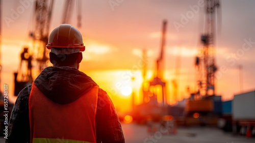 Wallpaper Mural construction engineer wearing helmet standing at sunset in industrial site  Torontodigital.ca