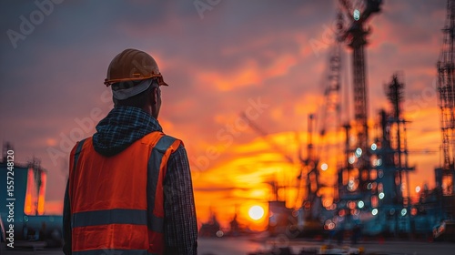 Wallpaper Mural construction engineer wearing helmet standing at sunset in industrial site  Torontodigital.ca
