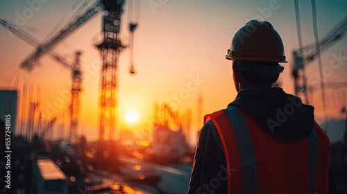 Wallpaper Mural construction engineer wearing helmet standing at sunset in industrial site  Torontodigital.ca