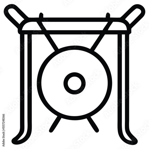 Traditional gong musical instrument outline on stand with mallets for design