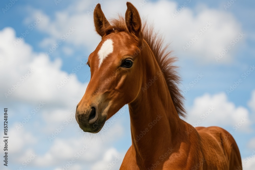 Fototapeta premium Detailed portrait of a young chestnut horse beneath a cloudy sky