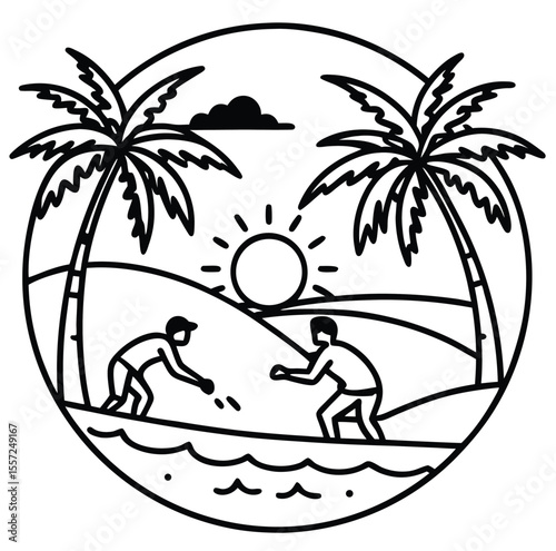 Two friends enjoy a sunny beach day playing a game with palm trees and rolling hills under a bright sun and single cloud