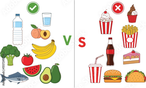 Healthy food versus unhealthy food comparison with fruits and snacks