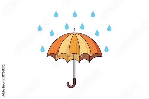 Flat design of umbrella under soft falling rain drops, pastel color palette, vector illustration for rainy season themes, weather icons, children’s art, and background decoration
