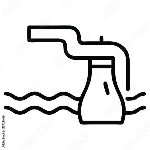 Water pump system line art icon in reservoir or tank with waves