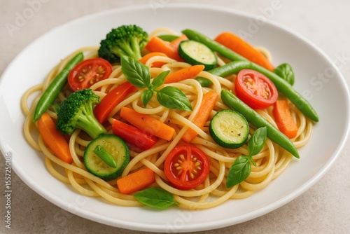Close-up of a flavorful primavera pasta dish on a plate