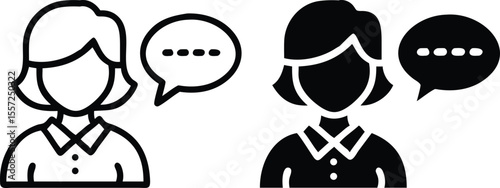 Minimalist Line Art Icon of Female Avatar with Speech Bubble in Flat Vector Style