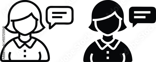 Minimalist Line Art Icon of Female Avatar with Speech Bubble in Flat Vector Style