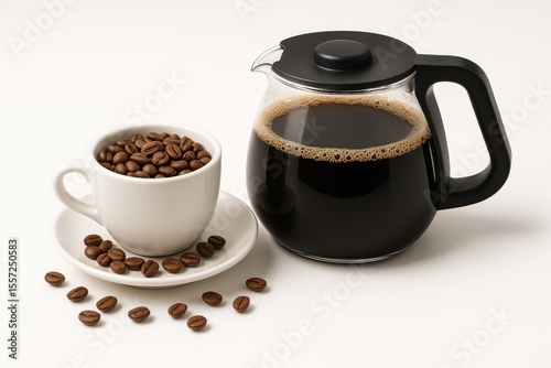 A steaming mug of dark coffee surrounded by coffee beans on a plain white surface