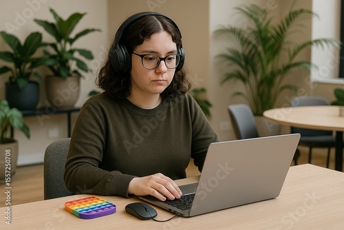Woman working on laptop with colorful pop it toy on desk