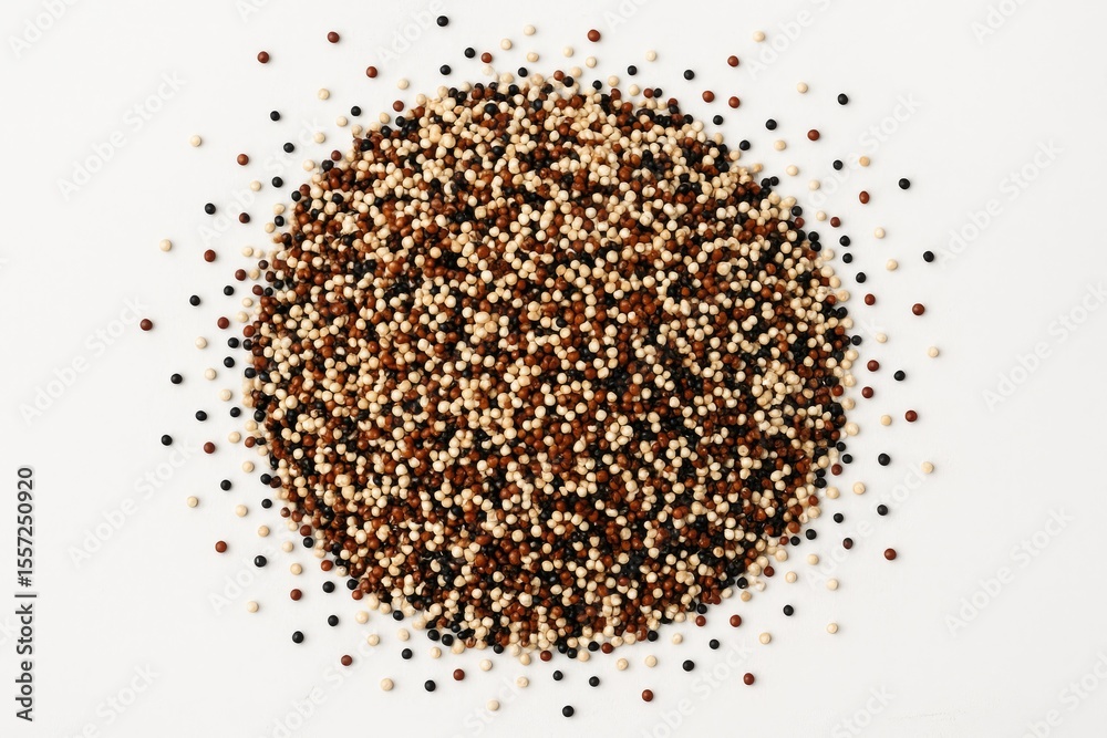 Mixed quinoa seeds displayed on a table surface Mixed quinoa seeds displayed on a table surface