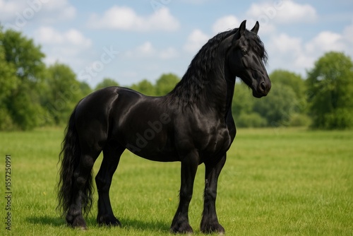 Purebred Friesian horse grazing peacefully in the fields