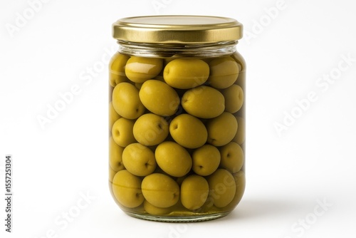 Preserved olives stored in a glass jar on a white surface