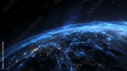 Wallpaper Mural digital network connections around planet Earth, glowing blue lines Torontodigital.ca