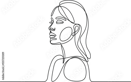 Continuous line drawing presents the serene side profile of a beautiful woman, ideal for elegant minimalistic branding and design projects.