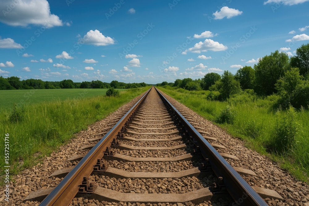 Fototapeta premium Train Tracks Extending Toward the Horizon Under a Sky