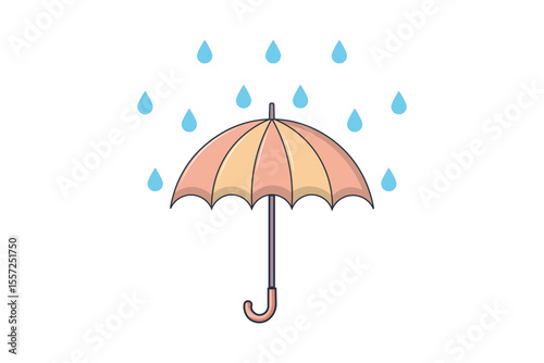 Vector cartoon umbrella with falling raindrops, colorful flat design with soft tones, cute rainy weather scene for kids illustrations, decor patterns, and creative web or print usage
