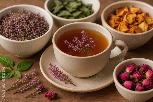 Herbal tea with dried flowers and assorted herbs in ceramic bowls, promoting health and wellness, with a focus on homeopathy and natural remedies.