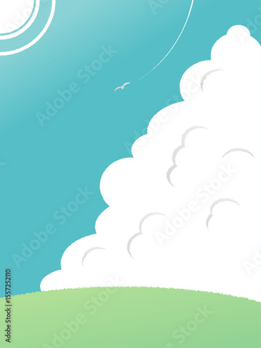 青空に入道雲と鳥が飛ぶ風景イラスト