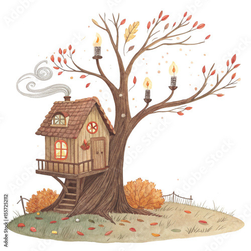 Quirky Autumn House Clipart Watercolor 