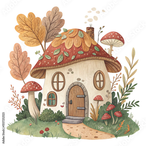 Quirky Autumn House Clipart Watercolor 