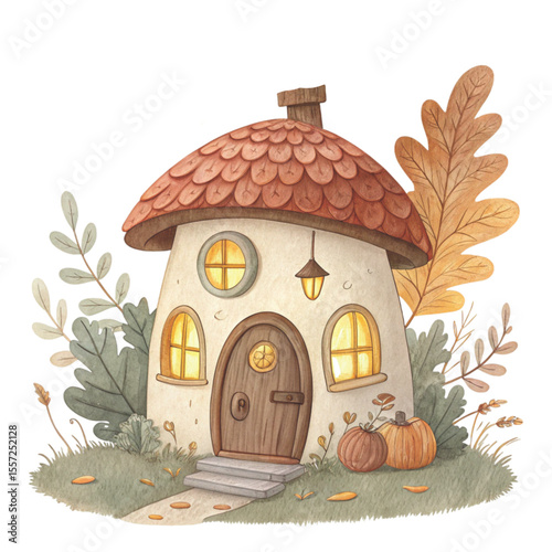 Quirky Autumn House Clipart Watercolor 
