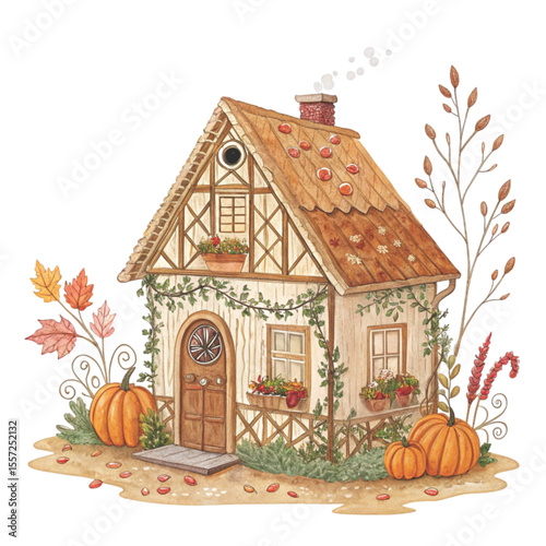 Quirky Autumn House Clipart Watercolor 