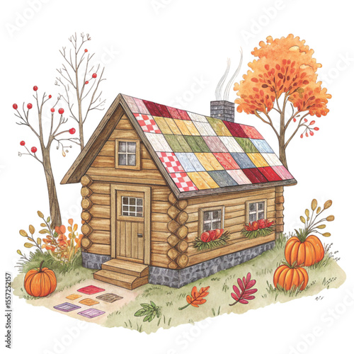 Quirky Autumn House Clipart Watercolor 