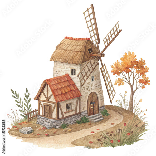 Quirky Autumn House Clipart Watercolor 