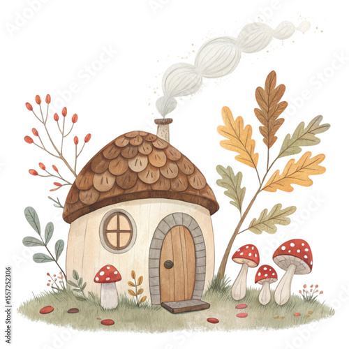Quirky Autumn House Clipart Watercolor 