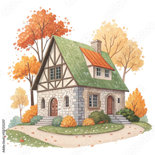 Quirky Autumn House Clipart Watercolor 