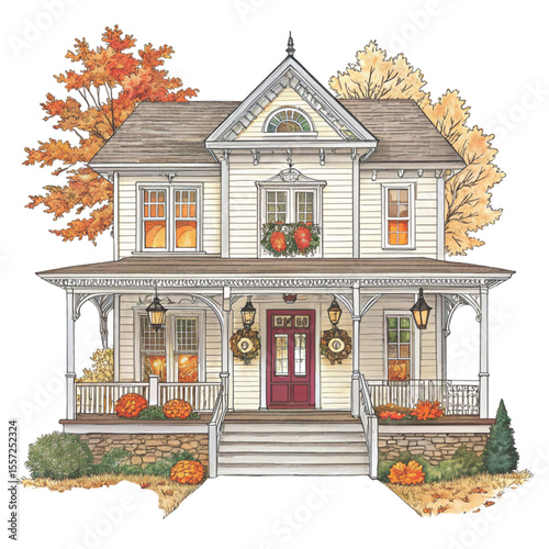 Quirky Autumn House Clipart Watercolor 
