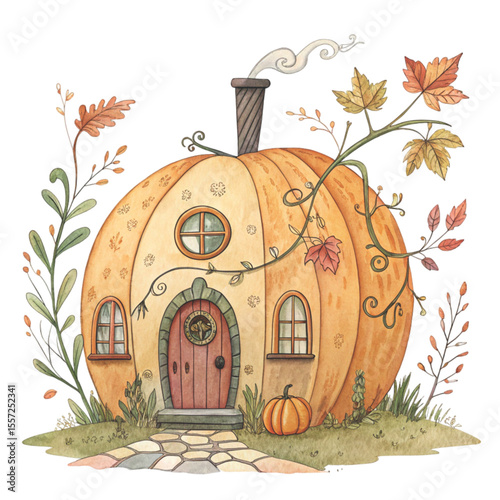 Quirky Autumn House Clipart Watercolor 