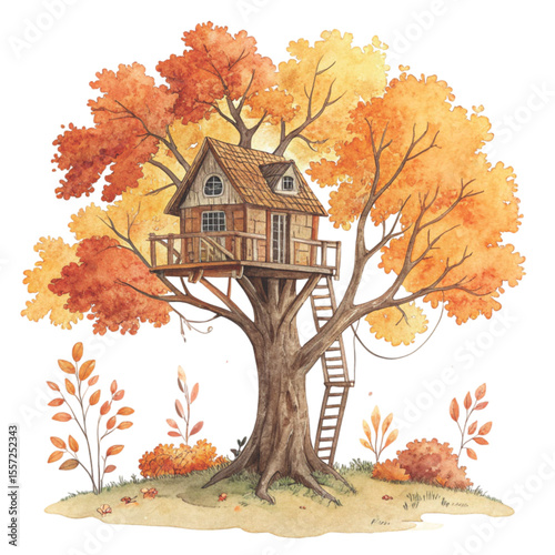 Quirky Autumn House Clipart Watercolor 