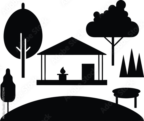 Silhouette Illustration Backyard Oasis with Pavilion, Trees, and Trampoline
