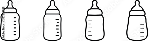 Set of Four Baby Bottles Outline Illustrations, Perfect for Infant Product Designs and Baby-Themed Projects