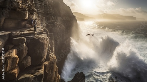 Climbers watch crashing waves.