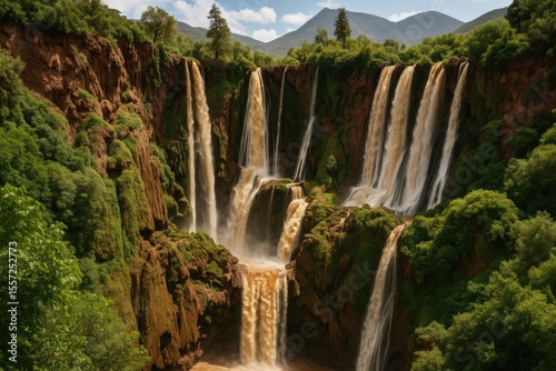 Majestic waterfalls cascading through the rugged mountains with a surrounding mudslide