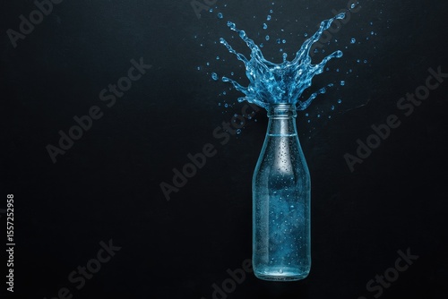 Top-down view of a mineral water glass bottle against a dark backdrop with room for text