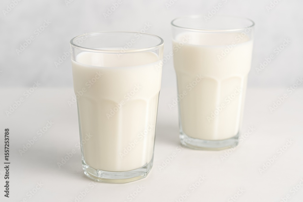 Creamy milk glasses resting on a bright surface Creamy milk glasses resting on a bright surface