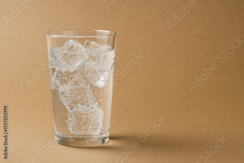 Chilled sparkling water in a glass with ice, set against a neutral backdrop. Space available for customization