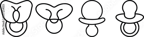 Collection of Four Different Baby Pacifier Designs, Simple Line Art Illustrations