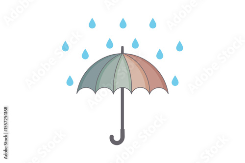 Vector set of umbrellas with falling rain drops, pastel color palette, seamless rainy background, cartoon flat weather illustration for kids books, seasonal decor, and creative media use
