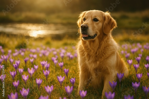 Golden retriever enjoying blooming crocuses in spring photo