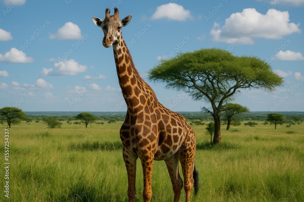Fototapeta premium Elegant Giraffe Roaming the African Plains in a Famous National Reserve
