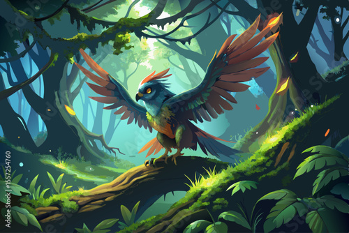 vector of A lively bird spreads its wings on a mossy branch in a mystical forest.